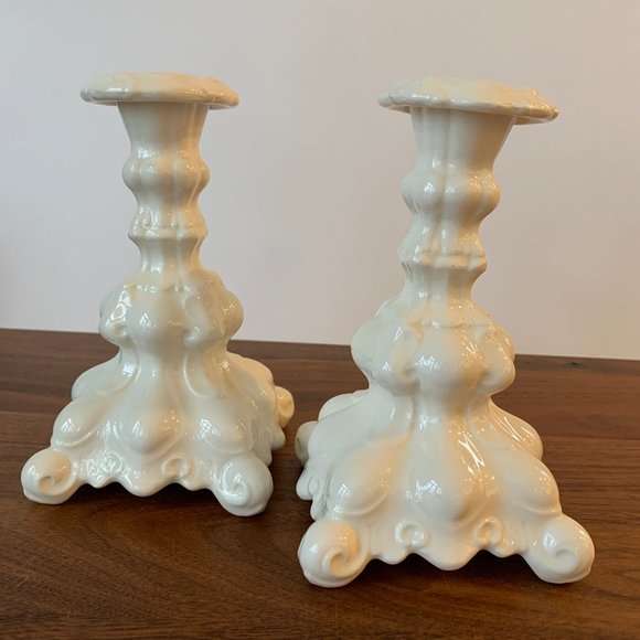 Pair of Ornate White Ceramic Candle Sticks - Picture 1 of 5
